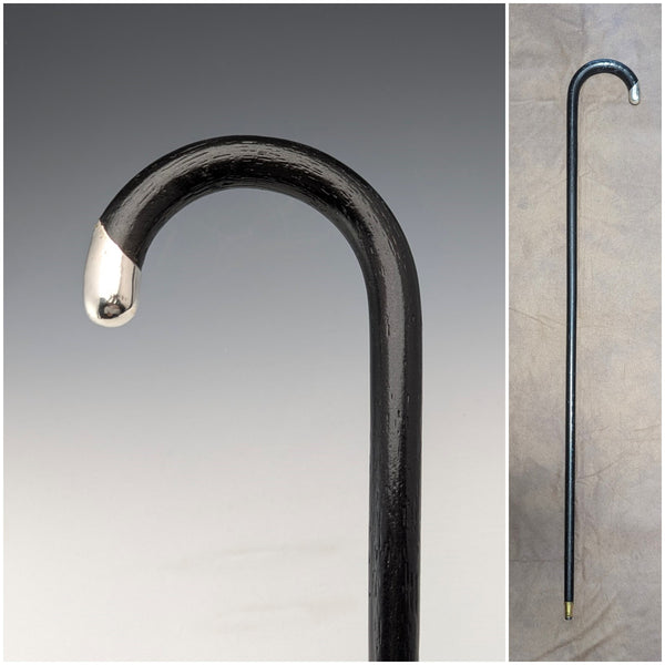 1929 British vintage gentleman's curved handle pure silver decorated walking stick, 83cm