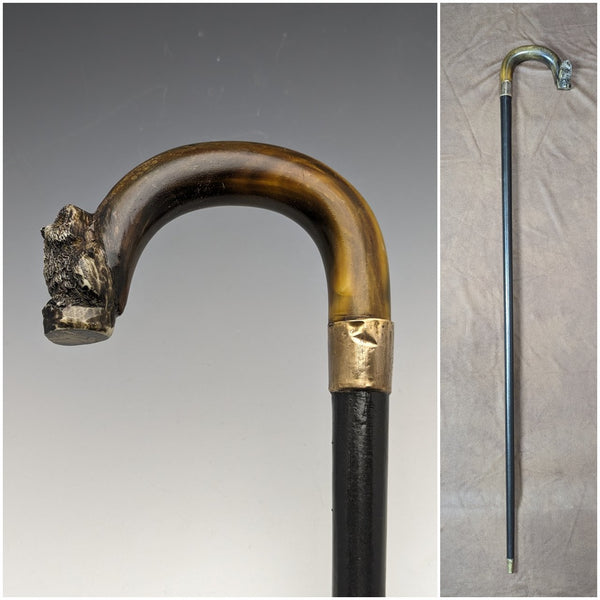 Around 1900 British antique gentleman's walking stick with owl decoration, curved horn handle 90cm