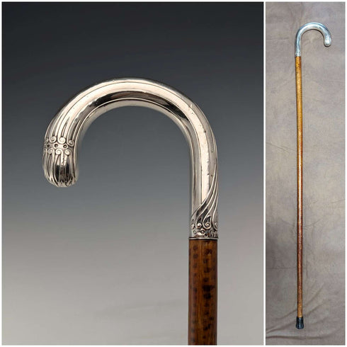 Circa 1900 Antique Men's 800 Silver Bent Handle Walking Stick 90cm