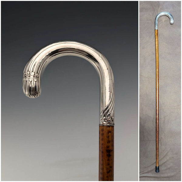 Circa 1900 Antique Men's 800 Silver Bent Handle Walking Stick 90cm