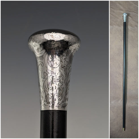 1922 British antique gentleman's walking stick, engraved pure silver, round handle, black shaft, 90cm TD