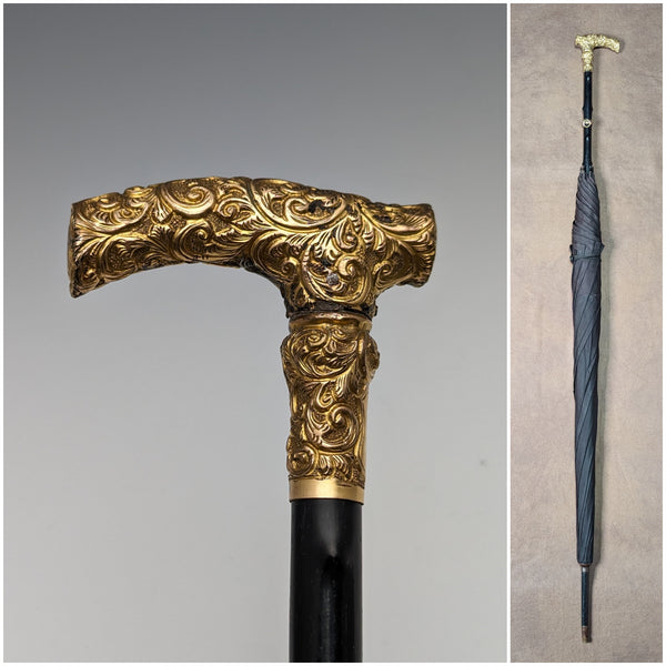 British Antique Women's Umbrella Gold Plated Clutch Handle 91cm