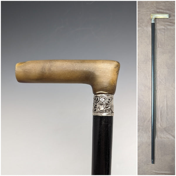 British Antique Men's Cane L-Horn Handle Sterling Silver Decoration Black Shaft 91cm