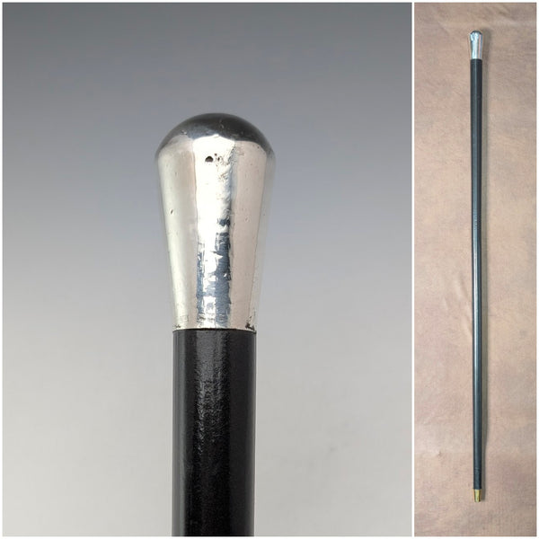 1922 British antique black shaft sterling silver round handle walking stick 92cm Robert Pringle