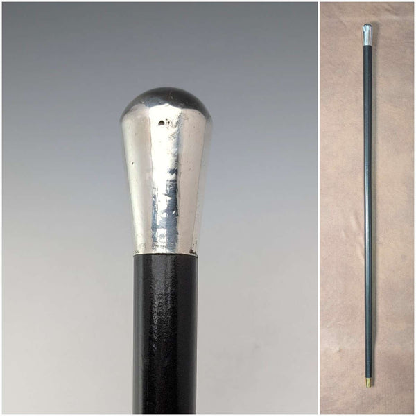 1922 British antique black shaft sterling silver round handle walking stick 92cm Robert Pringle