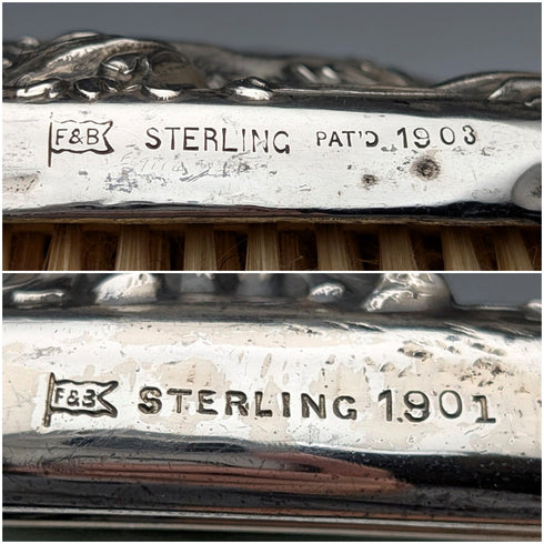 Circa 1900 American antique pure silver Art Nouveau decoration hairbrush and hand mirror Foster & Bailey