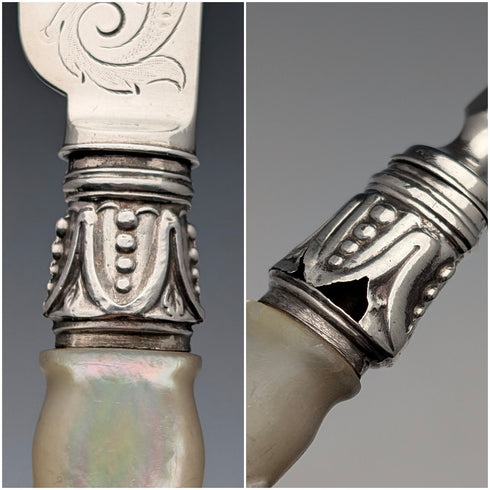 1865 British antique sterling silver blade and white mother of pearl handle dessert cutlery 6 pairs in wooden box Martin & Hall