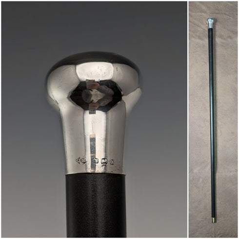 1925年 英国ヴィンテージ 紳士用ステッキ 純銀製 丸ハンドル ブラックシャフト 91cm J Howell