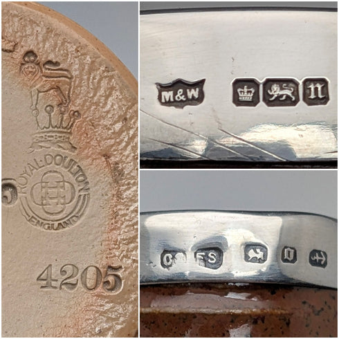 Circa 1900 British antique sterling silver decorated ceramic mug and mini cream jug Mappin & Webb