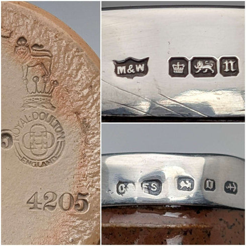 1900年頃 英国アンティーク 純銀装飾 陶器製マグカップ&ミニクリームジャグ Mappin&Webb