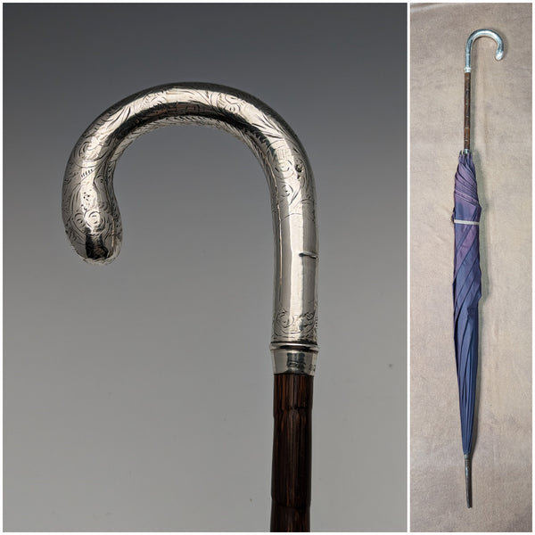1914 British Antique Ladies Umbrella Sterling Silver Curved Handle 93cm