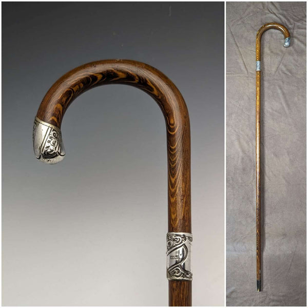 1922年 英国アンティーク 紳士用ステッキ 茶軸 純銀浮彫装飾 曲がりハンドル 90cm