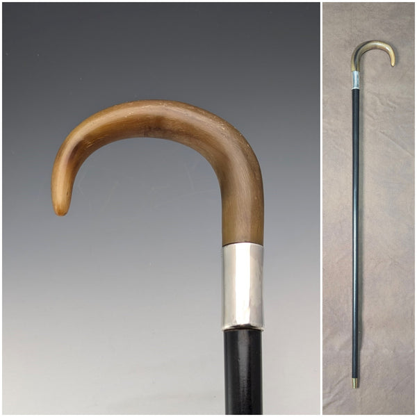 Vintage Gentleman's Sterling Silver Decorated Curved Horn Handle Walking Stick 86cm