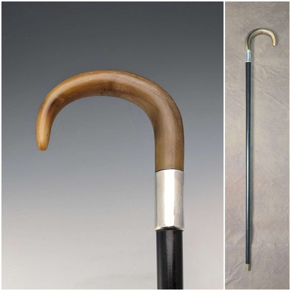 Vintage Gentleman's Sterling Silver Decorated Curved Horn Handle Walking Stick 86cm