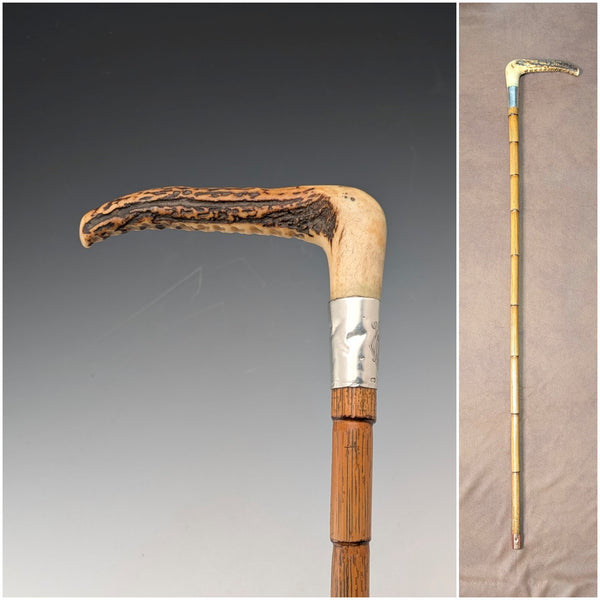 1906 British antique tan shaft antler clutch handle walking stick 80cm