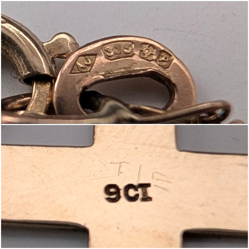 古董 9ct 金十字架吊墜,搭配 9ct 金項鍊