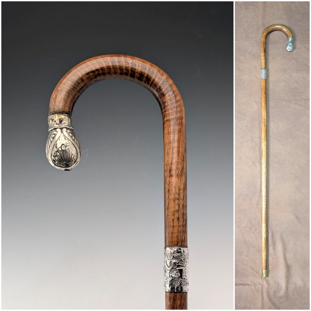 1906年 英国アンティーク ブラウンシャフト 曲がりハンドル 純銀装飾 ステッキ 杖 80cm 1906年 英国アンティーク ブラウンシャフト 曲がりハンドル 純銀