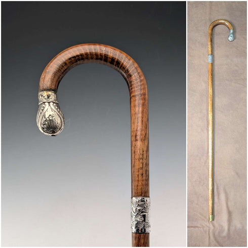 1906年英國古董棕色軸,彎曲手柄,純銀裝飾,手杖,80厘米