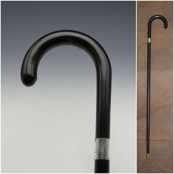 1935 British Vintage Black Shaft Sterling Silver Ornament Large Curved Handle Walking Stick Cane 88cm
