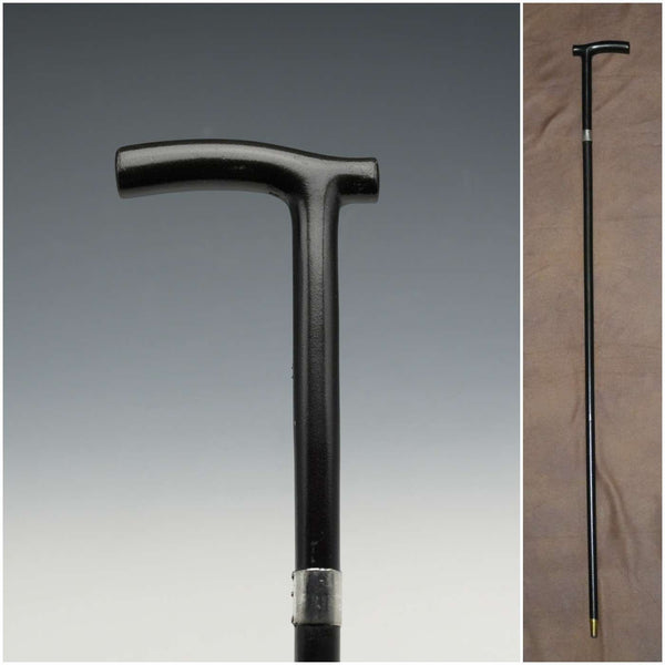 1908 British Antique Black Shaft Derby Handle Sterling Silver Decoration Lightweight Walking Stick Cane 91cm