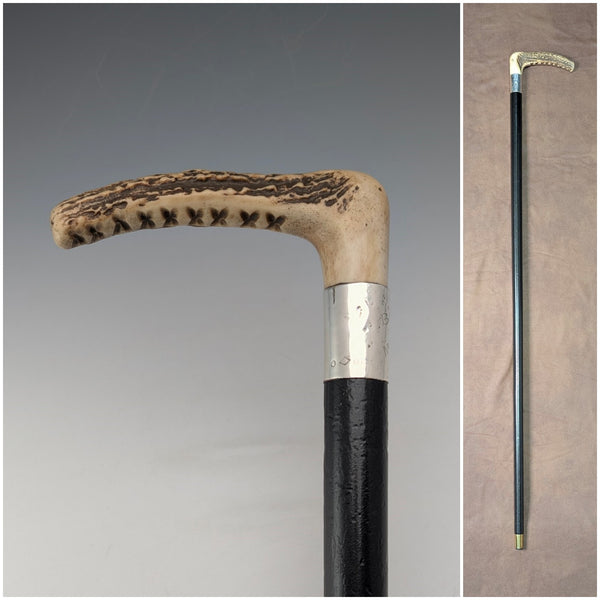 1914年 英国アンティーク ブラックシャフト L字アントラーハンドル 純銀装飾 ステッキ 杖 88cm