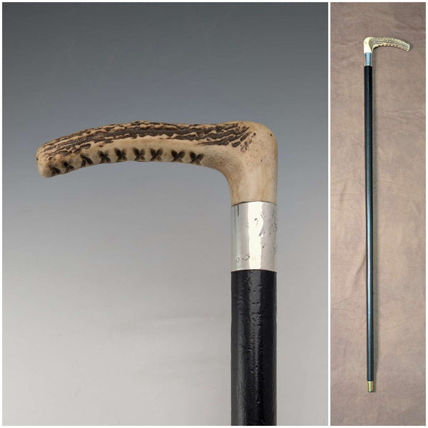 1914 British antique black shaft L-shaped antler handle pure silver decorated walking stick 88cm