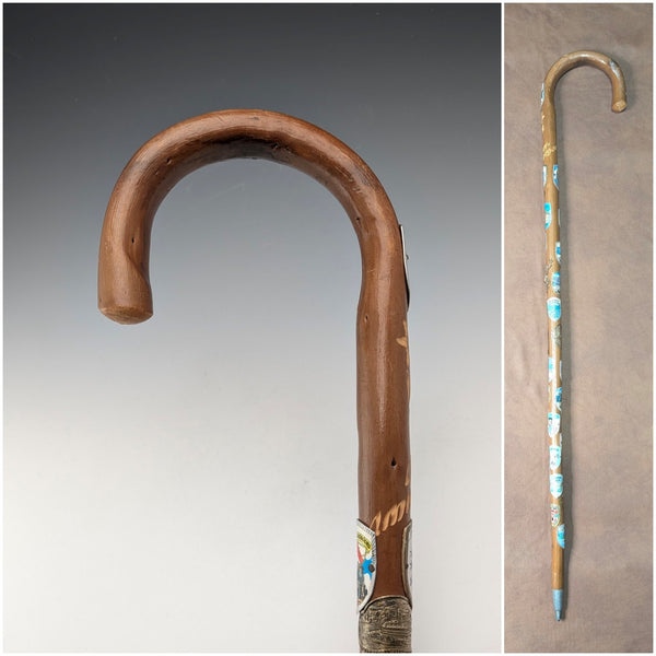 Vintage European Tour Bent Handle Tourist Walking Stick Brown Shaft 92cm