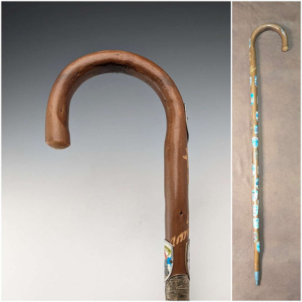 Vintage European Tour Bent Handle Tourist Walking Stick Brown Shaft 92cm
