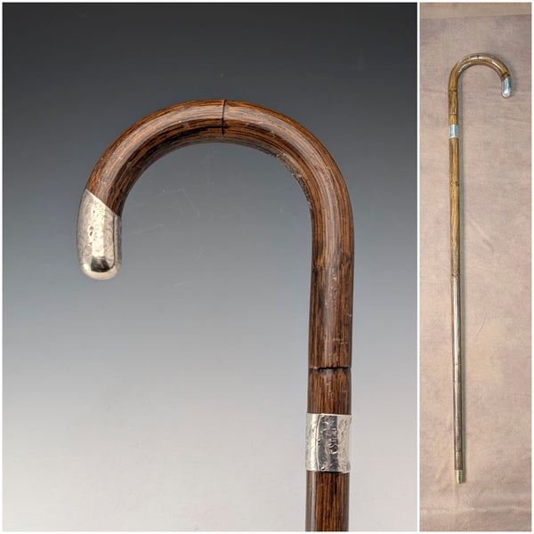 1914 British antique brown shaft, curved handle, pure silver decorated walking stick, 85cm, J Howell & Co.