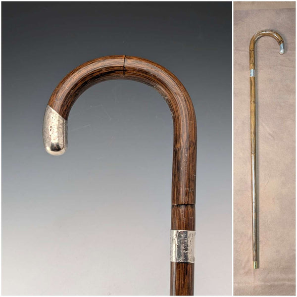 1914年 英国アンティーク ブラウンシャフト 曲がりハンドル 純銀装飾 ステッキ 杖 85cm J Howell&Co