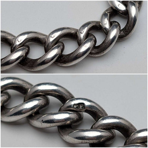 Circa 1900 English Antique Sterling Silver Albert Chain 62g Mr. Punch Charm Fob