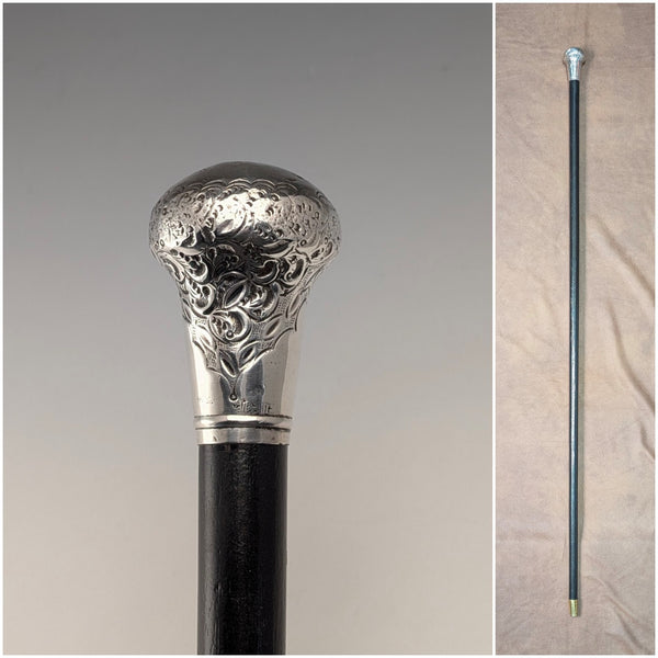 1916 English Antique Black Shaft Sterling Silver Rondel Handle Walking Stick 90cm