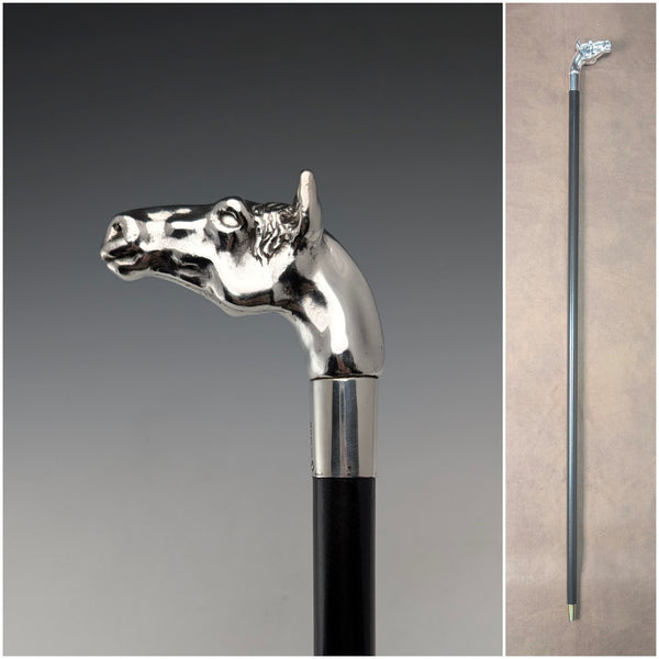 1995 British vintage black shaft sterling silver horse head handle walking stick 92cm