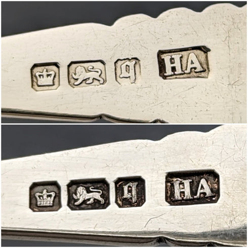 1908 British Antique 6 Sterling Silver Tea Spoons & Sugar Tongs Set in Case Atkin Brothers