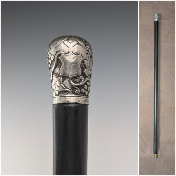 Circa 1900 British antique black shaft sterling silver rondelle handle walking stick 88cm