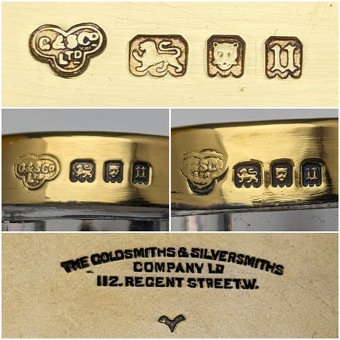 1935年 英国ヴィンテージ 純銀ギルト製 ペンスタンド&インク壺ペア Goldsmiths & Silversmiths