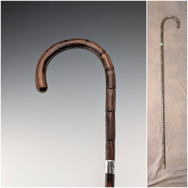 1908 British Antique Brown Shaft, Curved Handle, Pure Silver Decorated Lightweight Walking Stick, 80cm