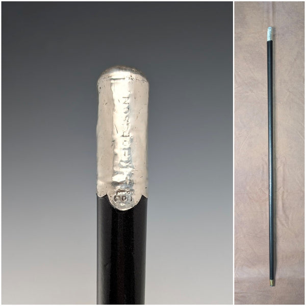 Circa 1900 British Antique Black Shaft Sterling Silver Rondelle Handle Walking Stick, 90cm