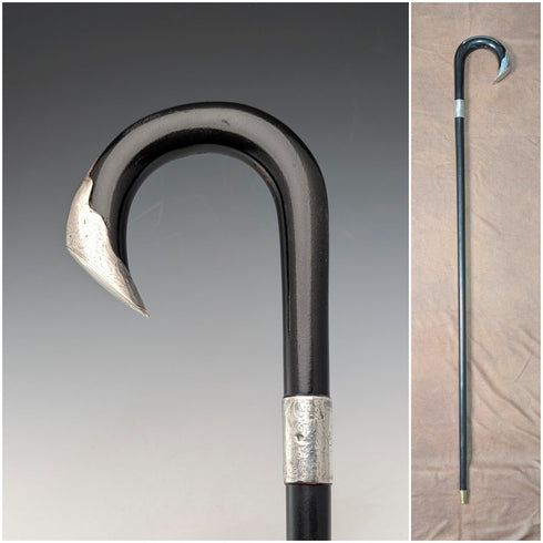 1903年 英国アンティーク ブラックシャフト 曲がりハンドル 純銀装飾 ステッキ 杖 92cm