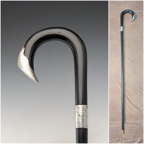 1903 British antique black shaft curved handle pure silver decorated walking stick 92cm