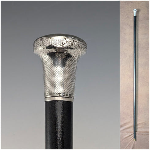 1920年 英国アンティーク ブラックシャフト 純銀製 丸ハンドル ステッキ 杖 88cm Ebenezer Newman