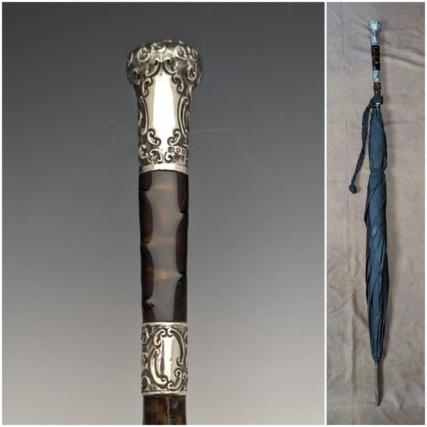 1905 British Antique Men's Umbrella Sterling Silver & Tortoiseshell Resin Handle 86cm S.FOX&Co.
