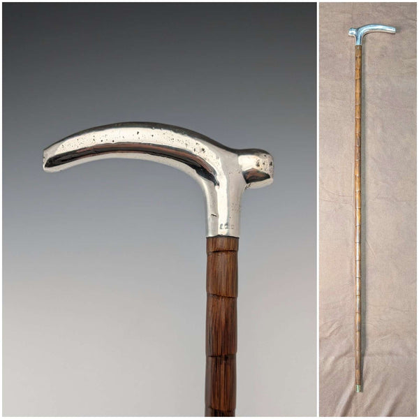 1902 British antique pure silver clutch handle walking stick 88cm J Howell & Co.