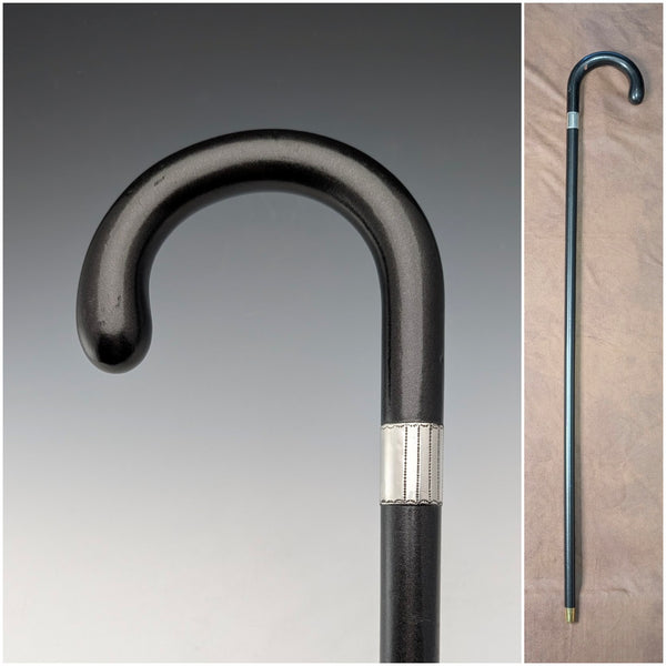 1927 British vintage black shaft, curved handle, pure silver decoration, walking stick, 88cm, J Howell & Co.