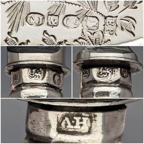 British antique sterling silver handle fish cutlery 5 pair set in cloth case