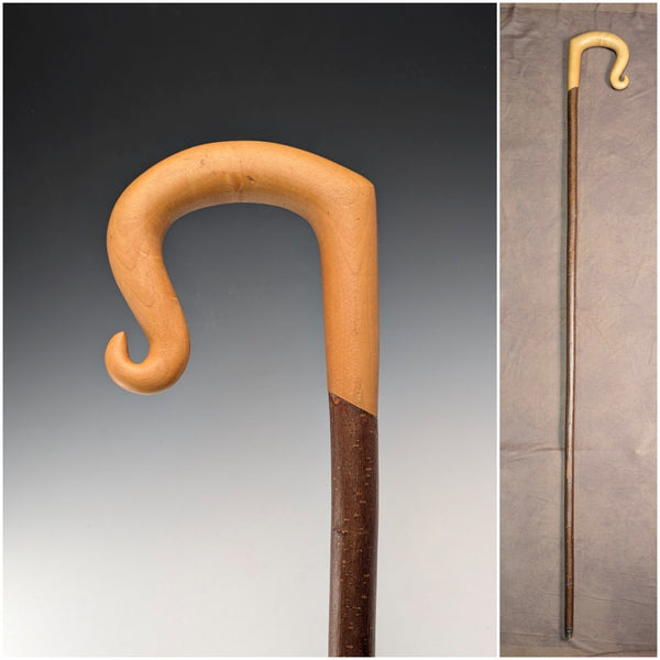 Vintage large curved handle hazel shaft shepherd's walking stick, 132cm
