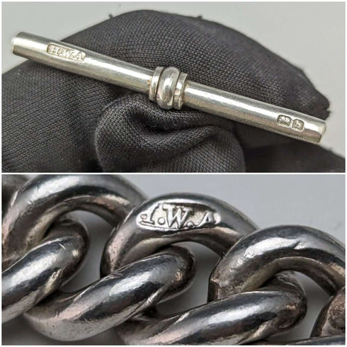 1907年頃 英国アンティーク 純銀製アルバートチェーン 50g クロウ&ボウルフォブ