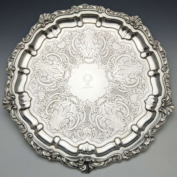 1898年 英国アンティーク 純銀(925シルバー) 脚なしサルヴァ 直径30cm 670g Henry Bourne