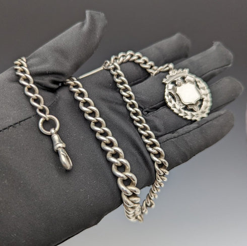 1900 年左右英國古董純銀(925 銀)阿爾伯特鏈 56 克純銀徽章 Fob