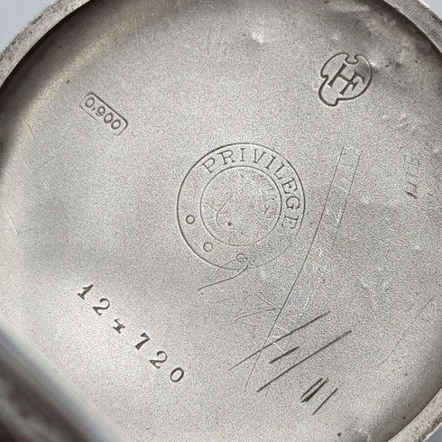 Reloj de bolsillo antiguo suizo PRIVILEGE, grabado con motivo de bolos, caja de plata, en buen estado de funcionamiento
